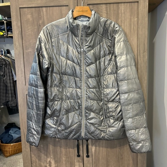 Athleta Medium Metallic Silver Goose Down Jacket (flaw) - Picture 1 of 11